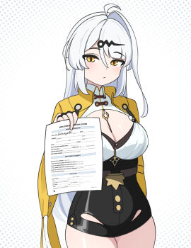Rule 34 | 1girl, absurdres, ahoge, arutemisu180, black shorts, blush, breasts, cleavage, commentary, cowboy shot, high-waist shorts, highres, holding, holding paper, jacket, jacket on shoulders, job application form (meme), large breasts, long hair, looking at viewer, meme, paper, shorts, single hair intake, solo, standing, very long hair, white background, white hair, yellow eyes, yellow jacket, yixuan (zenless zone zero), zenless zone zero