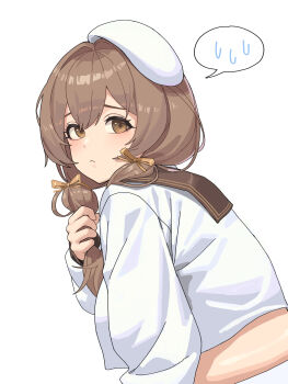 1girl absurdres bready_(nikke) brown_eyes brown_hair commentary from_side goddess_of_victory:_nikke highres holding holding_own_hair ksksksa looking_at_viewer patissier solo spoken_sweatdrop sweatdrop symbol-only_commentary tagme white_background