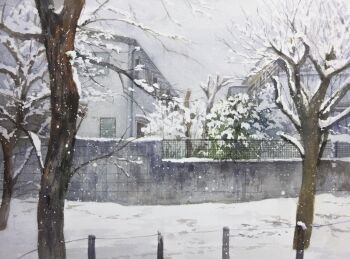 Rule 34 | absurdres, bare tree, building, highres, kazuyuki hashimoto, no humans, original, outdoors, painting (medium), scenery, snow, snowing, stone wall, traditional media, tree, urban, watercolor (medium), winter, wire fence