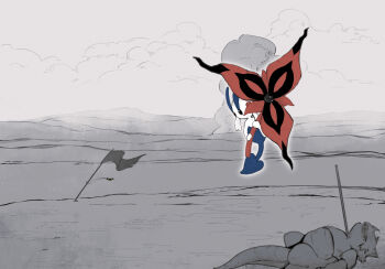 1girl black_eyes blue_skin candle_(allotas) colored_skin corpse dead_animal desert dust female_focus flag floating floette floette_(eternal) flower full_body gen_1_pokemon gen_6_pokemon grey_background highres holding holding_flower impaled jewelry multicolored_skin necklace nintendo outdoors partially_colored pokemon pokemon_(creature) pokemon_legends:_z-a polearm red_flower rhydon solo_focus two-tone_skin unworn_jewelry unworn_necklace weapon white_skin