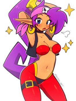 1girl bad_tag bandana belt blue_eyes blush breasts bushii_(bo0xhy) cleavage earrings hoop_earrings jewelry medium_breasts o-ring o-ring_top pants pointy_ears ponytail purple_hair red_pants shantae shantae_(series) solo sparkle wide_hips