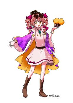 1girl artist_name bangle boots bracelet brown_boots coat commentary_request dress drill_hair eyewear_on_head full_body hand_fan hat holding holding_fan jewelry knee_boots looking_at_viewer maa_(forsythia1729) multiple_rings necklace open_mouth pendant pink_dress pink_hair purple_coat ring round_eyewear simple_background smile solo sunglasses top_hat touhou twin_drills watermark white_background yellow_eyes yorigami_jo'on