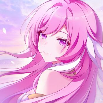 1girl bare_shoulders breasts diamond-shaped_pupils diamond_(shape) elysia_(herrscher_of_human:_ego)_(honkai_impact) elysia_(honkai_impact) highres honkai_(series) honkai_impact_3rd large_breasts long_hair looking_at_viewer multicolored_hair pink_hair purple_eyes purple_sky sky smile solo su_jiujiu symbol-shaped_pupils two-tone_hair upper_body very_long_hair white_hair