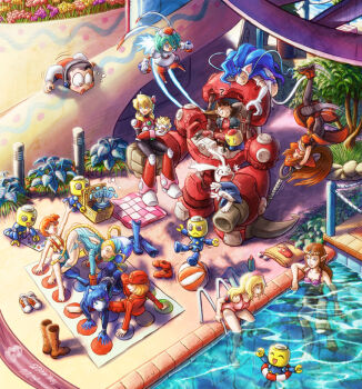 1990s_(style) 6+girls :d :o :p ? ^^^ ^_^ advance_wars afloat alia_(mega_man) all_fours anchor animal_ears animal_hands aqua_hair arc_system_works artist_self-insert ball bare_shoulders barefoot basket beachball bicorne big_hair black_legwear blonde_hair blue_eyes blue_hair blush boots braid brown_footwear brown_hair cammy_white capcom casual_one-piece_swimsuit cat_ears cat_tail chou_shittou_caduceus circlet closed_eyes company_connection crop_top crop_top_overhang crossover darkstalkers denim denim_shorts doukutsu_monogatari earrings egg elf everyone feet felicia_(darkstalkers) flower flying furry garrison_cap gen_2_pokemon glasses gloves guilty_gear hat headdress headphones jewelry knee_boots krystal leotard long_hair marina_liteyears may_(guilty_gear) mecha mega_man_(classic) mega_man_(series) mega_man_legends_(series) mega_man_x_(series) military military_uniform mimiga misty_(pokemon) multiple_crossover multiple_girls naughty_face nintendo one-piece_swimsuit open_mouth orange_hair outdoors outstretched_arm pantyhose partially_submerged pawpads picnic_basket pirate pirate_hat playing_games pointy_ears pokemon pokemon_(creature) ponytail pool pool_ladder poolside princess_zelda rabbit rachel_(advance_wars) red_footwear retro_artstyle robot robot_ears roll_(mega_man) sakamoto_sue scared servbot_(mega_man) shadow shirt shoes short_hair short_shorts shorts side_ponytail sitting sleeveless sleeveless_shirt smile sneakers soles spread_toes star_fox star_fox_assault street_fighter street_fighter_zero_(series) surprised suspenders sweatdrop swimsuit tail the_legend_of_zelda toes togepi tonegawa_anju tongue tongue_out tron_bonne_(mega_man) twin_braids twister upside-down very_long_hair wading water yellow_shirt yuke_yuke!!_trouble_makers