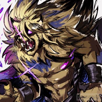 1boy abs animal_ears armor artist_name bara broken_armor claws commentary cross_scar dimitri_alexandre_blaiddyd dimitri_alexandre_blaiddyd_(blue_lion) english_commentary fangs fire_emblem fire_emblem_shadows furry furry_male glowing glowing_eyes glowing_scar gzei highres lion_boy lion_ears lion_mane looking_to_the_side male_focus muscular muscular_male nintendo open_mouth pectorals scar white_background