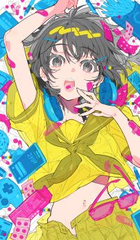 1girl absurdres bandaid bandaid_on_arm blister_pack eyelashes fingernails food french_fries grey_eyes grey_hair headphones highres looking_at_viewer medium_hair midriff mika_pikazo navel neckerchief open_mouth original phone pill pill_in_mouth pleated_skirt sailor_collar school_uniform short_sleeves skirt solo teeth tongue upper_teeth_only yellow_skirt