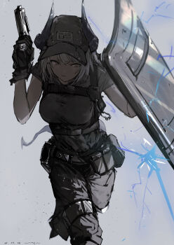 1girl absurdres alternate_costume arknights arm_up ballistic_shield baseball_cap belt belt_pouch black_hat black_pants black_shirt breasts closed_mouth commentary dated dragon_girl dragon_horns dragon_tail expressionless feet_out_of_frame grey_background grey_hair gun handgun hat highres holding holding_gun holding_shield holding_weapon horns leaning_forward liskarm_(arknights) pants pouch pppmepl running shield shirt short_sleeves signature solo tail weapon