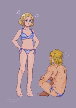 Rule 34 | 1boy, 1girl, back, barefoot, bikini briefs, blonde hair, blue bra, blue panties, bra, braid, breasts, cleavage, closed mouth, collarbone, commentary request, crown braid, flying sweatdrops, full body, green eyes, grey background, hands on own hips, highres, hiworld33488185, indian style, lingerie, link, looking at another, male underwear, navel, nintendo, panties, pointy ears, ponytail, princess zelda, puff of air, short hair, short ponytail, side-tie panties, simple background, sitting, small breasts, the legend of zelda, the legend of zelda: tears of the kingdom, topless male, underwear, underwear only