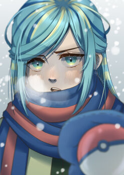 Rule 34 | 1boy, absurdres, blue eyes, blue hair, blue mittens, blue scarf, blush, breath, commentary, english commentary, grusha (pokemon), highres, holding, holding poke ball, kuraedo, long hair, looking at viewer, male focus, mittens, nintendo, nose, open mouth, parted bangs, poke ball, poke ball (basic), pokemon, pokemon sv, scarf, snow, snowing, solo, striped clothes, striped scarf, upper body, winter