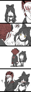 ... 1boy 1girl 4koma ? adam_taurus black_hair blake_belladonna blush bow brown_hair chibi comic eye_contact gloves hair_bow long_hair looking_at_another mask red_hair rwby sasora speech_bubble yellow_eyes