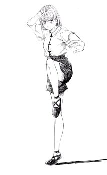 1girl bob_cut breasts commentary_request crane_stance greyscale hatching_(texture) high-waist_shorts highres kung_fu lee_(dragon_garou) medium_breasts monochrome original short_hair short_shorts shorts smile solo standing standing_on_one_leg tiptoes v-shaped_eyebrows