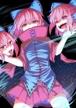 1girl :d absurdres black_background blue_bow blue_shirt bow cape commentary_request covered_mouth cowboy_shot disembodied_hand fang hair_bow head_on_hand highres looking_at_viewer miniskirt multiple_heads open_mouth pleated_skirt red_cape red_eyes red_hair red_skirt sekibanki shirt short_sleeves skirt smile solo starry_sky_print suirium0723 tongue tongue_out touhou two-sided_cape two-sided_fabric wind