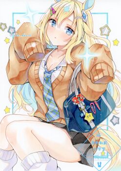 Rule 34 | 1girl, animal ears, bag, black skirt, blonde hair, blue eyes, blue hair, blue necktie, blush, breasts, brown sweater, cleavage, collarbone, collared shirt, colored inner hair, commentary request, hair between eyes, hair ornament, hairclip, highres, horse ears, horse girl, horse tail, long hair, long sleeves, looking at viewer, medium breasts, multicolored hair, necktie, neo universe (umamusume), parted lips, school uniform, shin kun30, shirt, shoulder bag, skirt, sleeves past fingers, sleeves past wrists, socks, solo, star (symbol), sweater, tail, two-tone hair, umamusume, white shirt, white socks