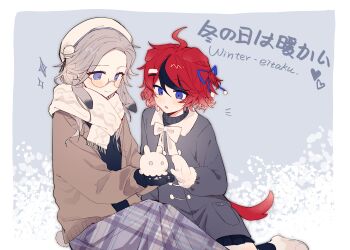 2girls absurdres ahoge alternate_costume animal_ears aotsuki_eito black_gloves black_hair black_skirt black_socks black_sweater blue_eyes blue_ribbon blush bow bowtie brown_cardigan cardigan chinese_commentary closed_mouth coat commentary_request dog_ears dog_girl dog_tail fur-trimmed_mittens fur_trim genderswap genderswap_(mtf) glasses gloves grey_background grey_coat grey_hair grey_skirt gryzo hair_between_eyes hair_ornament hair_ribbon hairclip highres kemonomimi_mode long_hair long_sleeves lop_rabbit_ears mittens mixed-language_text multicolored_hair multiple_girls open_cardigan open_clothes open_mouth plaid_clothes plaid_skirt pleated_skirt pocket pom_pom_(clothes) pom_pom_hair_ornament rabbit_ears rabbit_girl rabbit_tail red_hair ribbon round_eyewear semi-rimless_eyewear shoes short_hair skirt smile snow_sculpture socks streaked_hair sumino_takumi sweater tail the_hundred_line_-last_defense_academy- translation_request turtleneck turtleneck_sweater two-tone_hair white_bow white_bowtie white_mittens white_shoes