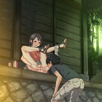 1boy 1girl anus bad_id bad_pixiv_id bare_legs black_hair blush body_exploration breasts can kodomo_doushi clothes_lift drink_can exhibitionism feet hetero highres kupaa legs_up lifting_own_clothes loli looking_at_another miniskirt no_panties original outdoors panties panties_around_leg polka_dot polka_dot_panties presenting public_indecency pussy sandals shorts shota skirt skirt_lift small_breasts soda_can spread_anus spread_legs spread_pussy toes uncensored underwear white_panties yamada_(gotyui)