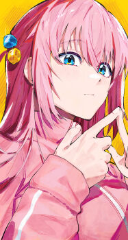 1girl absurdres blue_eyes bocchi_the_rock! closed_mouth commentary cube_hair_ornament gotoh_hitori hair_ornament highres index_fingers_together jacket long_hair long_sleeves looking_at_viewer mendidih448 pink_hair pink_jacket portrait sidelocks solo track_jacket upper_body yellow_background