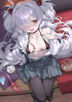 1girl absurdres bare_shoulders bikini bikini_under_clothes black_bikini black_bra black_pantyhose black_shoes blue_archive blue_liquid blush bra breasts brown_eyes buttons choker collarbone collared_shirt dress flask from_above glass_bottle grey_dress hair_between_eyes hair_ornament hair_over_one_eye half-closed_eyes halo hand_up highres kanoe_(blue_archive) knees_together_feet_apart loafers loli long_hair long_sleeves looking_at_viewer messy_hair neck_ribbon off_shoulder one_eye_covered open_clothes open_mouth open_shirt orange_halo pantyhose pinafore_dress red_liquid ribbon round-bottom_flask scar scar_on_neck sharekoube shirt shoes single_bare_shoulder sitting sleeveless_dress small_breasts solo sweat swimsuit test_tube thighs tongue tongue_out two_side_up underwear undone_neck_ribbon very_long_hair white_hair white_shirt wooden_floor