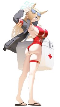 Rule 34 | 1girl, absurdres, adjusting eyewear, animal ear fluff, animal ears, arched back, ass, blonde hair, blue archive, blue eyes, breasts, bursting breasts, clenched teeth, dog ears, extra ears, eyewear on head, flip-flops, fox ears, from below, full body, hair over one eye, halo, highres, huge breasts, kanna (blue archive), leg strap, lifeguard, long hair, nicorima, one-piece swimsuit, one eye covered, open mouth, parted lips, red one-piece swimsuit, sandals, sharp teeth, sideboob, sidelocks, simple background, solo, standing, strap, sunglasses, swimsuit, teeth, thick thighs, thigh strap, thighs, underboob, white background