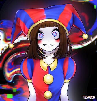 1girl blue_dress blue_eyes blunt_bangs blush_stickers breasts brown_hair colored_skin commentary dress hat highres jester jester_cap looking_at_viewer multicolored_eyes pomni_(the_amazing_digital_circus) puffy_short_sleeves puffy_sleeves red_dress red_eyes short_hair short_sleeves small_breasts smile solo straight-on striped_clothes striped_headwear teyoid the_amazing_digital_circus two-tone_dress two-tone_eyes uneven_eyes upper_body vertical-striped_clothes vertical-striped_headwear white_skin