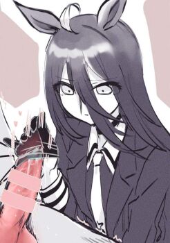 Rule 34 | 1boy, 1girl, ahoge, animal ears, bad id, bad pixiv id, bar censor, black hair, black jacket, censored, ear ornament, eyelashes, glansjob, gloved handjob, gloves, handjob, heart, hetero, jacket, long bangs, long hair, long sleeves, looking at another, looking at penis, manhattan cafe (umamusume), necktie, non-web source, penis, penis in glove, simple background, source request, umamusume, wu tang