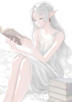 1girl alternate_hairstyle bare_shoulders blurry blurry_foreground book book_stack closed_mouth commentary depth_of_field dress earrings elf feet_out_of_frame frieren green_eyes highres holding holding_book jewelry knees_up light_particles long_hair open_book parted_bangs pointy_ears reading ronuma sidelighting simple_background sitting sleeveless sleeveless_dress solo sousou_no_frieren teardrop_earrings thick_eyebrows untranslatable_commentary white_background white_dress white_hair white_theme