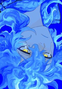 Rule 34 | 1boy, azi pra, blue background, blue fire, blue hair, blue lips, closed mouth, commentary request, eyelashes, fiery hair, fire, hair between eyes, highres, idia shroud, male focus, melting eyes, simple background, twisted wonderland, upside-down, yellow eyes