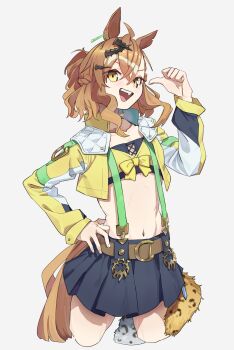 1girl :d absurdres ahoge animal_ears bandeau black_skirt brown_hair cropped_jacket fuse_gomame grey_background hair_ornament hairclip highres horse_ears horse_girl horse_tail jacket jungle_pocket_(champion&#039;s_battle_cry)_(umamusume) jungle_pocket_(umamusume) long_sleeves looking_at_viewer medium_hair midriff navel notched_ear open_clothes open_jacket open_mouth pointing pointing_at_self simple_background skirt smile solo suspenders tail umamusume yellow_eyes yellow_jacket