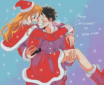 Rule 34 | 1boy, 1girl, arms around neck, black hair, blush, boots, breath, capelet, carrying, christmas, commentary request, dress, facial scar, facing another, forehead-to-forehead, from side, fur-trimmed boots, fur-trimmed capelet, fur-trimmed headwear, fur-trimmed jacket, fur-trimmed sleeves, fur trim, grin, hat, heads together, hebi d hebi, highres, jacket, long hair, long sleeves, looking at another, merry christmas, monkey d. luffy, nami (one piece), one piece, open mouth, orange hair, princess carry, profile, red boots, red capelet, red dress, red hat, red jacket, santa costume, santa dress, santa hat, scar, scar on cheek, scar on face, short hair, smile, sweatdrop, twitter username, wavy hair