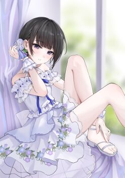 1girl absurdres aburi-gatana bare_legs black_hair blush commentary_request commission dress flat_chest highres idolmaster idolmaster_cinderella_girls knee_up legs looking_at_viewer parted_lips purple_eyes shirayuki_chiyo short_hair sitting skeb_commission solo white_dress window wrist_cuffs