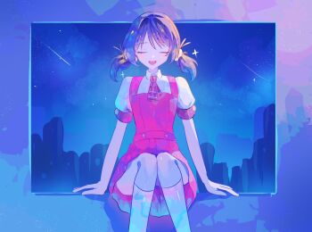 1girl :d black_hair closed_eyes collared_shirt commentary_request dress feet_out_of_frame highres kaai_yuki narumi_kanata necktie open_mouth pink_dress plaid_clothes plaid_necktie puffy_short_sleeves puffy_sleeves red_necktie shirt short_hair short_sleeves sitting smile socks solo sparkle tongue u_u vocaloid white_shirt white_socks