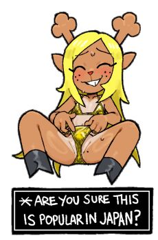 1girl 1her0 ^_^ alternate_costume animal_ears antlers bikini bikini_bottom_lift blonde_hair blush buck_teeth closed_eyes deer_antlers deer_ears deer_girl deltarune english_text facing_viewer female_focus freckles full_body furrowed_brow furry furry_female gold_bikini grin hooves horns loli long_hair mole mole_on_thigh noelle_holiday partially_visible_vulva reindeer_girl smile solo spread_legs sweatdrop swimsuit teeth transparent_background utdr_(toby_fox) video_game_dialogue_box