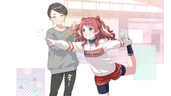 Rule 34 | 2girls, blue eyes, brown hair, closed eyes, earrings, english text, gakuen idolmaster, game cg, grin, hanami saki, idolmaster, jewelry, kneehighs, multiple girls, official art, one leg raised, pants, reaching, red hair, shoe soles, short shorts, shorts, smile, socks, sportswear, stretching, sweater, torn clothes, twintails, visual trainer (gakuen idolmaster), window, zipper