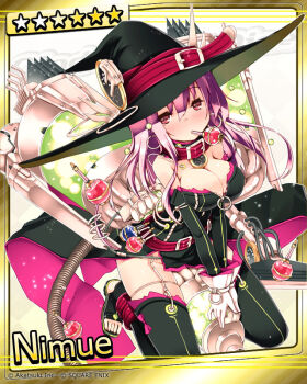 Rule 34 | 1girl, alternate breast size (larger), bare shoulders, belt, belt collar, black dress, black thighhighs, blush, breasts, card (medium), character name, cleavage, collar, covered navel, detached sleeves, dress, drunk, earrings, full body, gloves, hat, hat belt, huge breasts, jewelry, kai-ri-sei million arthur, kaku-san-sei million arthur, kneeing, large hat, long hair, looking at viewer, million arthur (series), nimue (kaku-san-sei million arthur), official art, pink hair, potion, red belt, red collar, red eyes, refeia, solo, strapless, strapless dress, thighhighs, third-party source, toeless legwear, vacuum cleaner, variant set, witch, witch hat