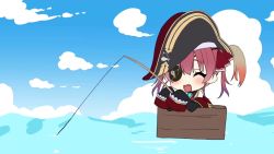 2girls :d a_(phrase) animal_costume animal_hood animated arrow_through_heart artist_self-insert audible_speech bare_shoulders bicorne black_coat black_headwear blue_eyes blue_hair blue_sky blush brooch chibi closed_eyes cloud coat colored_tips day english_audio fang fishing_rod gawr_gura hair_ribbon hat hat_feather highres hololive hololive_english hood hood_up houshou_marine houshou_marine_(artist) jewelry livestream_audio long_hair long_sleeves looking_at_another multicolored_hair multiple_girls nose_blush ocean official_art one_eye_covered open_mouth outdoors pink_hair pirate pirate_hat print_eyepatch rariemonn red_ribbon ribbon shark_costume shark_girl sharp_teeth sky sleeves_past_fingers sleeves_past_wrists smile sound streaked_hair streamer_audio teeth twintails video virtual_youtuber watercraft white_hair