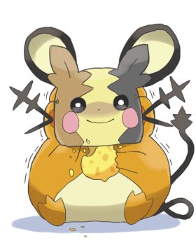 berry_(pokemon) bubukka character_mask commentary_request dedenne eating facing_viewer full_body gen_6_pokemon gen_8_pokemon mask morpeko morpeko_(full) nintendo no_humans pokemon pokemon_(creature) pokemon_focus sitrus_berry sitting solo white_background