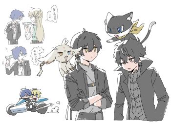 Rule 34 | 2boys, 2girls, abby (wuthering waves), amamiya ren, black eyes, black jacket, blonde hair, blue eyes, blue hair, character request, check copyright, copyright request, crossed arms, crossover, gun, hair over one eye, highres, holding, holding gun, holding weapon, jacket, joker (persona 5), looking at animal, lynae (wuthering waves), male rover (wuthering waves), morgana (cat) (persona 5), morgana (persona 5), motor vehicle, motorcycle, multiple boys, multiple girls, multiple riders, one eye closed, persona, persona 3, persona 5, rover (wuthering waves), simple background, translation request, tsu zd, weapon, white background, wuthering waves, yellow eyes, yuuki makoto (persona 3)