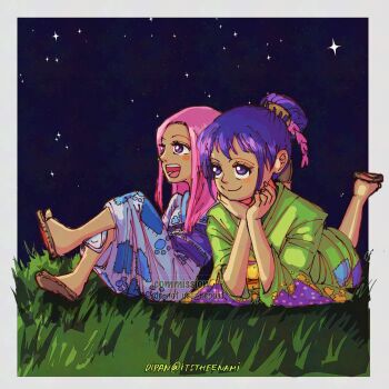 2girls child commentary commission full_body green_kimono hair_bun highres itstheenami japanese_clothes jewelry_bonney kimono kurozumi_tama long_hair looking_up multiple_girls night night_sky on_grass one_piece pink_hair purple_eyes purple_hair sandals sidelocks sky smile star_(sky) twitter_username