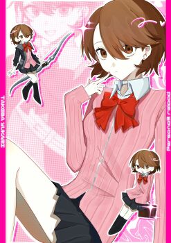 1girl absurdres bag black_jacket black_skirt black_socks blush bow bow_(weapon) bowtie brown_eyes brown_hair cardigan character_name choker closed_mouth collared_shirt commentary earrings feet_out_of_frame finger_to_cheek flipped_hair gekkoukan_high_school_uniform heart highres holding holding_bag holding_bow_(weapon) holding_weapon jacket jewelry kneehighs long_sleeves miniskirt multiple_views open_clothes open_jacket open_mouth persona persona_3 persona_3_reload pink_cardigan pleated_skirt red_bow red_bowtie ribbed_cardigan school_bag school_uniform shirt short_hair skirt socks sparkle stud_earrings takeba_yukari weapon white_choker white_shirt xyurux0 zipper