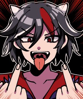 1girl 1jumangoku :d black_hair close-up commentary_request dark_background double_middle_finger highres horns kijin_seija looking_at_viewer medium_hair middle_finger multicolored_hair open_mouth red_eyes small_horns smile solo streaked_hair teeth thick_lineart tongue tongue_out touhou translation_request v-shaped_eyebrows