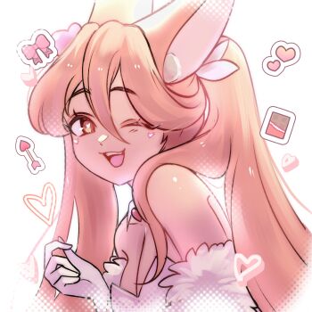 1girl animal_ear_fluff animal_ears arielle_(cudlil) arrow_(projectile) bare_shoulders borrowed_character breasts brown_eyes brown_hair cleavage commentary double-parted_bangs english_commentary fox_ears fox_girl from_side fur_(clothing) gloves hair_between_eyes hand_up heart heart-shaped_pupils heart_arrow highres long_hair looking_at_viewer medium_breasts one_eye_closed open_mouth original ryuuxin smile solo symbol-shaped_pupils upper_body white_background white_gloves