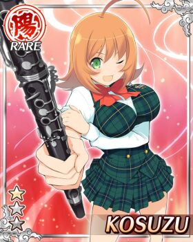 Rule 34 | 1girl, :d, ahoge, arm under breasts, border, bow, bowtie, breasts, card (medium), clarinet, game cg, green eyes, green skirt, green vest, holding, holding instrument, holding own arm, instrument, kosuzu (senran kagura), large breasts, musical note, non-web source, official alternate costume, official art, one eye closed, open mouth, orange hair, outstretched arm, plaid clothes, plaid skirt, plaid vest, red bow, red bowtie, school uniform, senran kagura, senran kagura new wave, shirt, skirt, smile, solo, treble clef, vest, white shirt