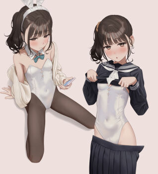 1girl animal_ears black_serafuku black_shirt black_skirt blush brown_eyes brown_hair clothes_pull commentary_request fake_animal_ears grey_pantyhose highleg highleg_leotard highres kneeling leotard leotard_under_clothes long_sleeves multiple_views neckerchief original pantyhose playboy_bunny rabbit_ears school_uniform serafuku shirt sitting skirt skirt_pull standing textless_version white_leotard white_neckerchief yukishima_momo
