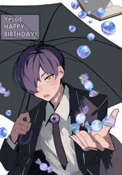 Rule 34 | :o, brooch, candy, coat, collared shirt, food, happy birthday, highres, holding, holding umbrella, jewelry, library of ruina, long sleeves, looking at viewer, male focus, nakame77, necktie, open mouth, project moon, purple coat, purple hair, purple necktie, shirt, short hair, simple background, solo, standing, umbrella, upper body, white background, white shirt, yellow eyes, yesod (project moon)