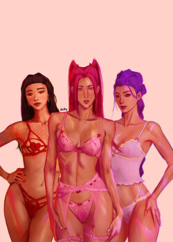Rule 34 | 3girls, absurdres, arms at sides, artist name, blunt bangs, body freckles, body markings, bow, bow bra, bra, breasts, brown hair, bustier, commentary, cowboy shot, dutch braided ponytail, earrings, english commentary, freckles, garter belt, gold earrings, hand on own hip, highres, hoop earrings, jewelry, kpop demon hunters, lace, lingerie, long hair, long sidelocks, looking at viewer, mira (kpop demon hunters), multiple girls, narrow waist, navel, panties, pink bra, pink eyes, pink hair, pink panties, purple bra, purple bustier, purple hair, purple panties, quentims, red bra, red eyes, red lips, red panties, rumi (kpop demon hunters), short bangs, sidelocks, skinny, small breasts, two side up, underwear, underwear only, zoey (kpop demon hunters)