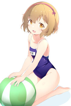 1girl aru_(arudes) ball beachball blue_one-piece_swimsuit brown_eyes brown_hair competition_school_swimsuit flat_chest hairband highres idolmaster idolmaster_cinderella_girls kneeling koga_koharu name_tag one-piece_swimsuit pink_hairband school_swimsuit simple_background solo swimsuit white_background