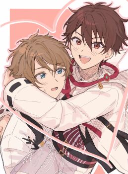 2boys absurdres belt belt_buckle black_belt blue_eyes blush brown_hair buckle chinese_commentary colored_eyelashes commentary_request ensemble_stars! fua1heyvot4ifsr heart highres lock long_sleeves looking_at_viewer male_focus mixed-language_commentary morisawa_chiaki multiple_boys nervous_sweating official_alternate_costume open_mouth partial_commentary red_eyes ring_(ensemble_stars!) short_hair smile sweat takamine_midori teeth upper_teeth_only wedding_march!_(ensemble_stars!) yaoi
