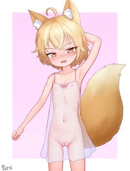 1girl ahoge animal_ear_fluff animal_ears blonde_hair cleft_of_venus commentary flat_chest fox_ears fox_girl fox_tail highres loli navel nipples original pepzi pussy see-through_clothes short_hair solo tail
