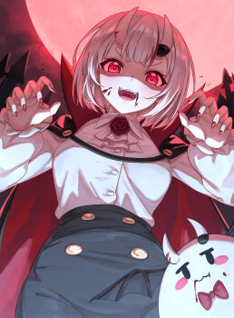 1girl :d absurdres ascot black_cape black_skirt blood blood_on_face bob_cut breasts buttons cape center-flap_bangs claw_pose collared_shirt commentary_request double-breasted dress_shirt fangs glowing glowing_eyes grey_hair hair_between_horns highres hololive horns huge_moon leeshin0919 long_sleeves looking_at_viewer medium_breasts moon multicolored_hair nail_polish nakiri_ayame night oni open_mouth outdoors poyoyo_(nakiri_ayame) puffy_long_sleeves puffy_sleeves red_cape red_eyes red_hair red_moon red_nails shaded_face shirt shirt_tucked_in short_hair skin-covered_horns skirt smile solo streaked_hair two-sided_cape two-sided_fabric v-shaped_eyebrows vampire virtual_youtuber white_ascot white_shirt