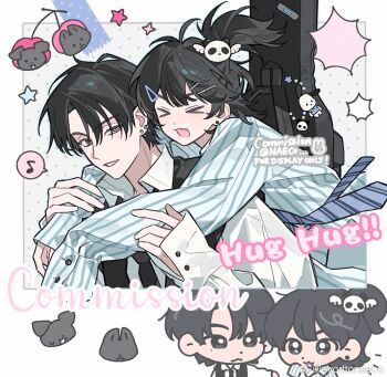 1boy 1girl :d black_hair commentary_request evodtonaeco hair_ornament holding japanese_clothes long_sleeves multiple_boys open_mouth original scarf short_hair smile tagme