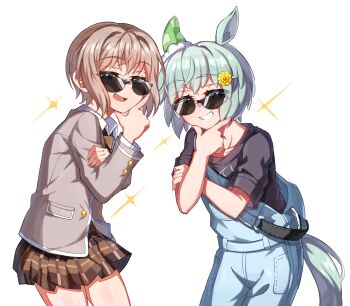 2girls absurdres animal_ears aoba_moca bang_dream! bang_dream!_girls_band_party! black_shirt blue_eyes blue_hair blue_overalls brown_skirt commentary commission grey_hair grey_jacket hair_ornament hairclip haneoka_school_uniform highres horse_ears horse_girl horse_tail jacket junji_17 multiple_girls open_mouth overalls plaid_clothes plaid_skirt pleated_skirt school_uniform seiun_sky_(umamusume) shirt short_hair simple_background skirt sparkle sunglasses tail umamusume white_background